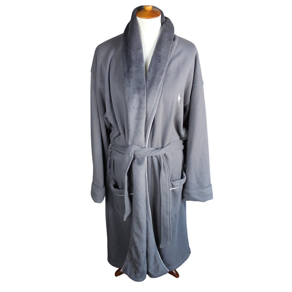 Polo Ralph Lauren Robe Mens One Size Gray Spa Luxury Loungewear Belted Pony
